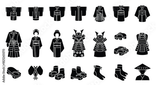 Traditional japanese clothing armor and footwear icon collection featuring kimono samurai hakama geta zori tabi vector set. isolated on white background, Vector, illustration