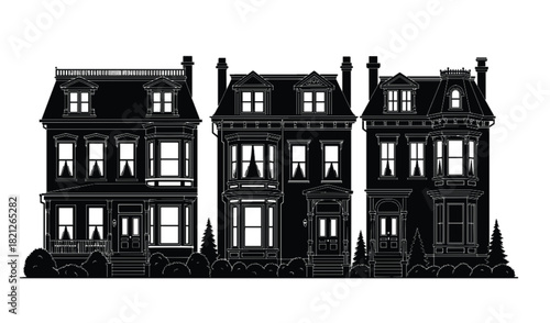 Vintage Black and White Victorian Townhouses Illustration, Spooky Old Historical Mansions, Detailed Architectural Drawing, Classic Elegant American Cityscape Row Houses, Night Silhouette Style.