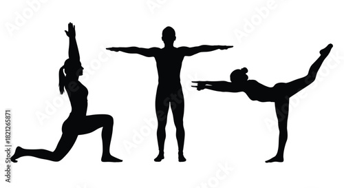 Silhouettes of two women and one man performing various stretching, balancing, and fitness exercises for healthy lifestyle concept. isolated on white background, Vector, illustration