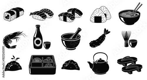 Japanese food and cultural icons collection set black silhouette: sushi, ramen, tempura, sake, geta, bento box. isolated on white background, Vector, illustration
