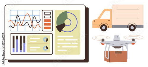 Data dashboard showcasing graphs, charts with delivery truck and quadcopter carrying package. Ideal for logistics, supply chain, technology, tracking, innovation, ecommerce, futuristic solutions