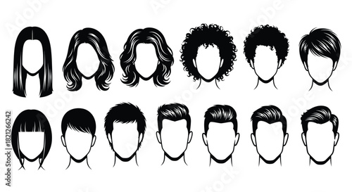 Collection of 12 distinct monochromatic male and female hairstyles, avatar icons showing various haircuts, vector illustration set isolated. isolated on white background, Vector, illustration