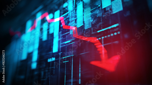 Gráfico digital em queda representa prejuízo financeiro, crise econômica, instabilidade do mercado e desempenho negativo em investimentos e indicadores econômicos.