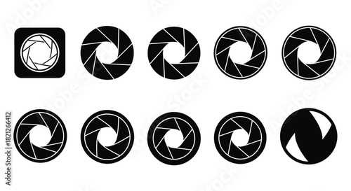 Professional camera aperture or shutter diaphragm icon set of ten isolated vector black symbols for photography and optic technology design elements. isolated on white background, Vector, illustration