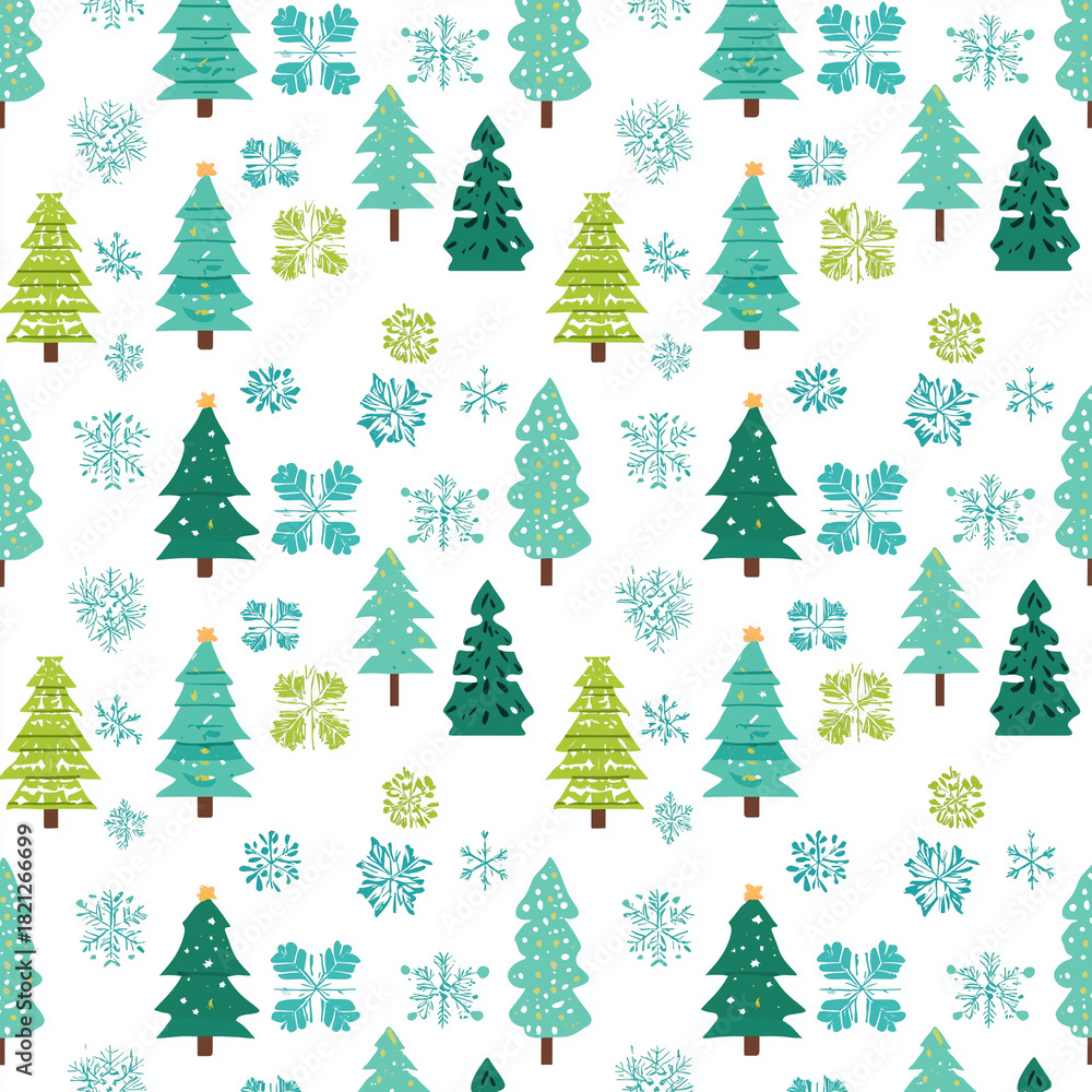 Obraz premium Seamless pattern with Christmas trees and snowflakes, winter holiday background.