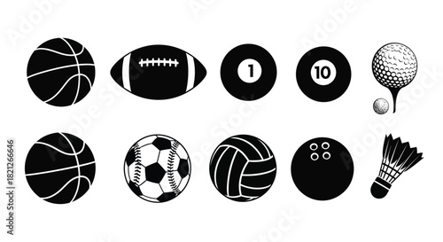 Collection of black sport balls and equipment icons including basketball, football, golf, bowling, and billiard isolated on white isolated on white background, Vector, illustration