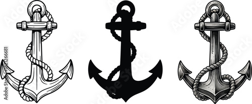 Set of three distinct anchor designs featuring detailed silhouette and realistic styles with rope perfect for nautical branding logos and maritime themes