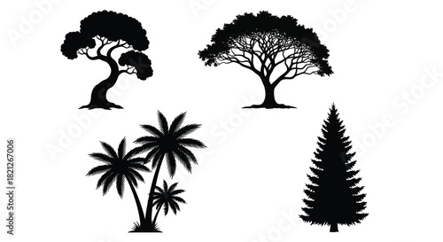 A collection of four unique black silhouette vector trees including tropical palm, evergreen, and deciduous forest icons. isolated on white background, Vector, illustration