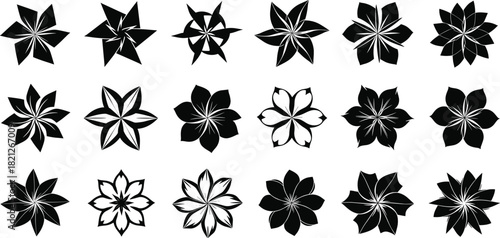 Set of abstract black vector flower silhouettes and geometric star shapes, isolated floral icons collection for logo design, tattoo, and decoration elements.