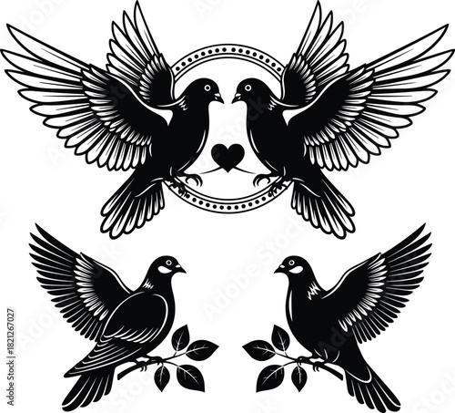 Set of black and white vector dove silhouettes, flying and perched pigeons facing each other, wedding love heart symbol, peace bird illustration, isolated on white