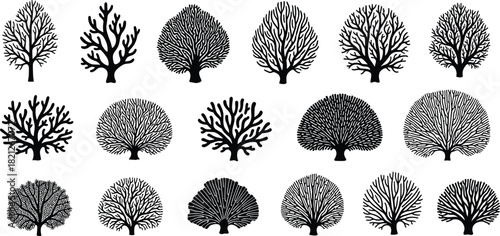 Set of black coral silhouettes, sea fan vector illustrations, underwater marine plant icons, isolated on white background, ocean reef nature design collection for graphics.