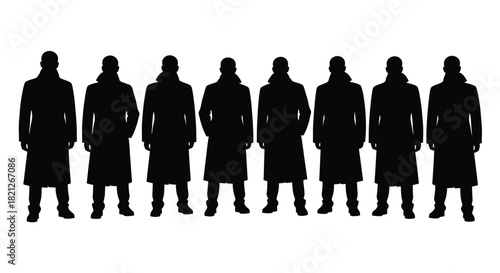 Identical black silhouettes of eight anonymous men in long trench coats standing in a row, symbolizing secrecy, conformity. isolated on white background, Vector, illustration