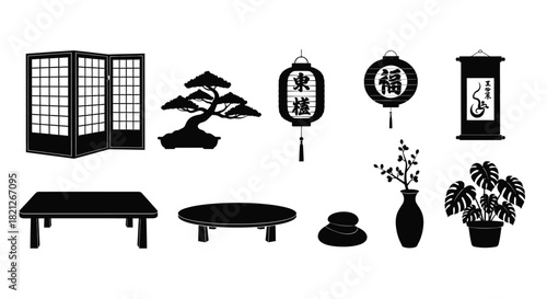 Silhouette set of traditional japanese interior and decorative objects including shoji screen, bonsai tree, lantern, scroll, and tables. isolated on white background, Vector, illustration