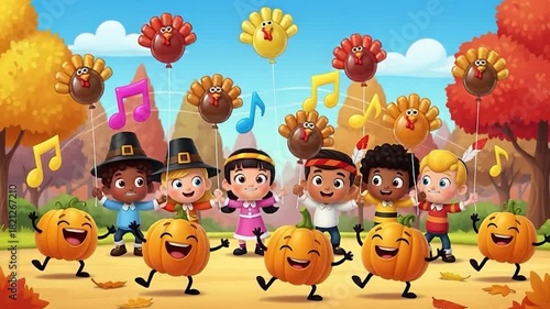 Family Thanksgiving Celebration Animation, Rustic Autumn Pumpkins Thanksgiving Preparation Cartoon Style
