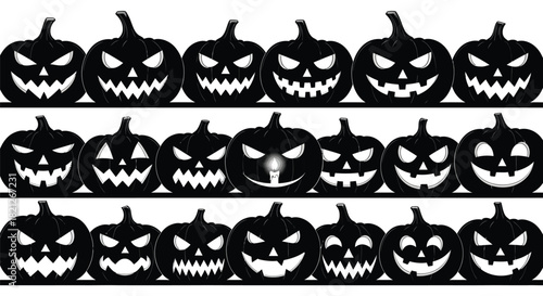 Scary halloween black jack-o'-lantern pumpkins seamless border pattern spooky faces glowing candle graphic decoration element vector. isolated on white background, Vector, illustration