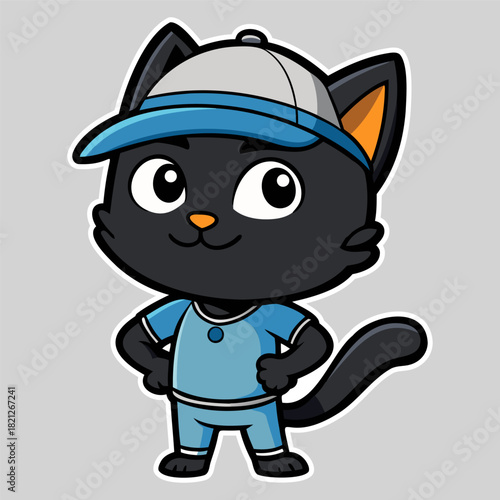 Cute black kitten in blue sporty outfit.