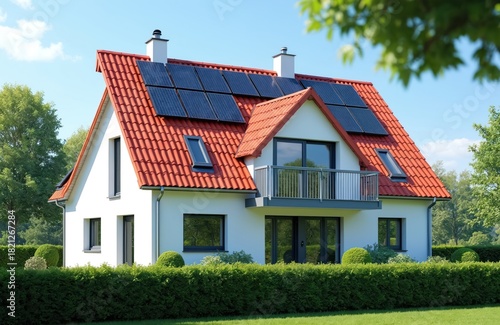 Wallpaper Mural Modern white house with red tile roof installed with solar panels. Green hedge and trees surround the residence. Sunny day under blue sky, perfect for green energy. Torontodigital.ca