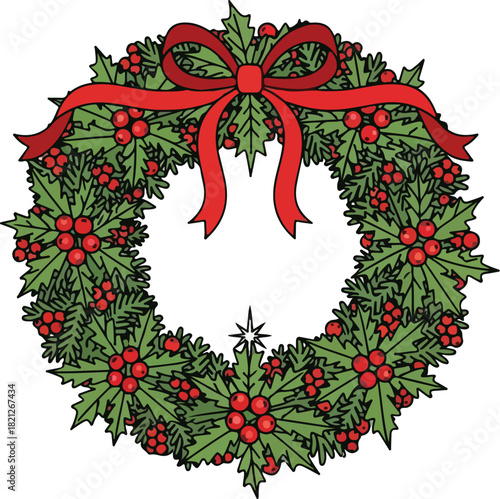 Festive Wreath Decoration: A vibrant and colorful wreath, composed of lush green leaves, cheerful red berries, and a festive red bow, celebrates the holiday season.