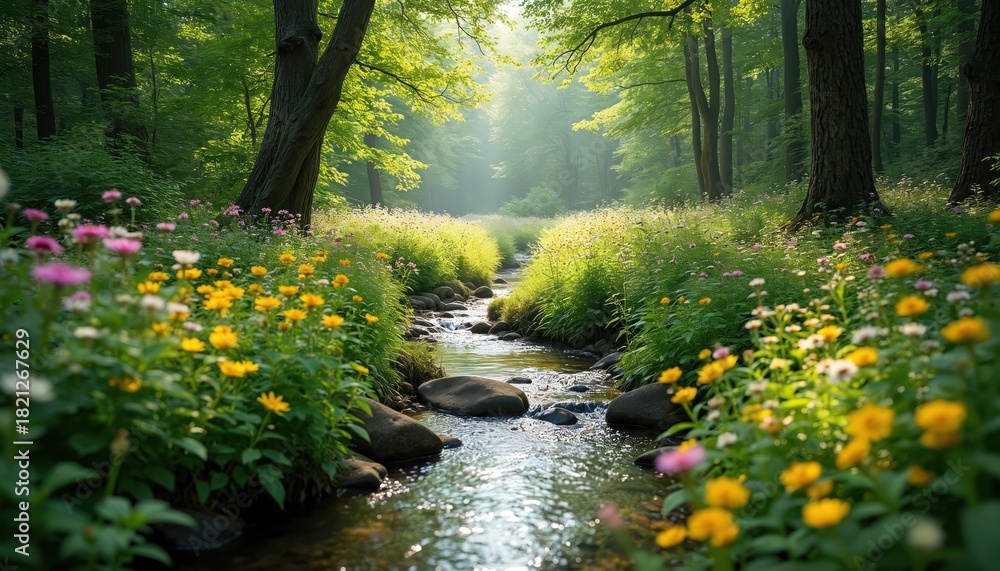 Obraz premium Small creek flows through sunny forest glade. Stream runs over rocks, stones, banks covered with wildflowers. Sunbeams shine through trees in peaceful green woods, beautiful summer nature background.