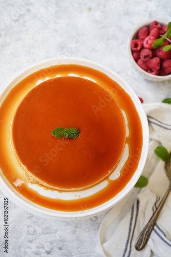 Homemade Flan | Creme caramel pudding served with raspberries