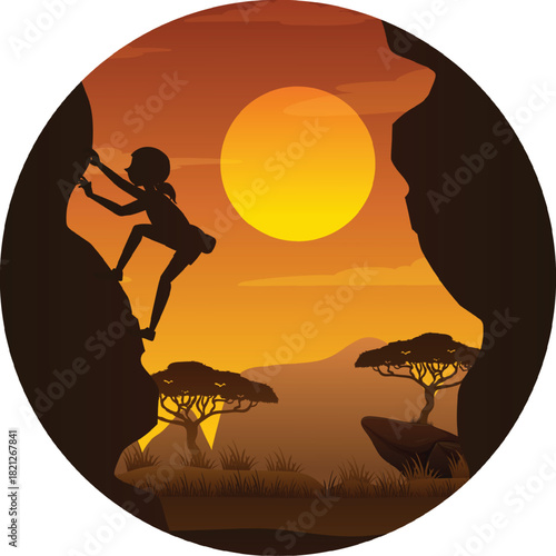 A dramatic illustration of a climber scaling a cliff at sunset, featuring vivid orange and yellow tones, acacia trees, and a bold circular frame evoking adventure and exploration.
