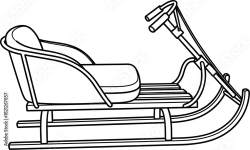Black and line art drawing of a classic wooden sled with a seat and handlebars