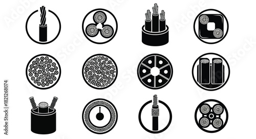 Electrical cable wire cross section types icons set. power cord industrial communication technology vector illustration symbols. isolated on white background, Vector, illustration