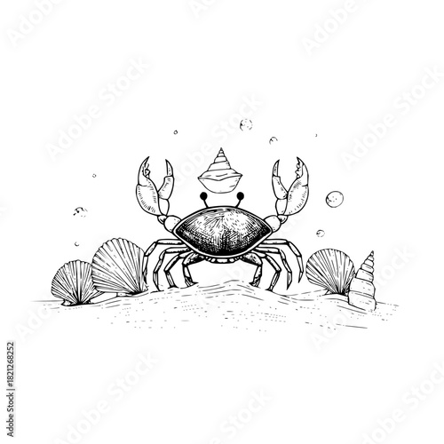 Detailed monochrome sketch of a crab surrounded by seashells and bubbles on a sandy surface scene