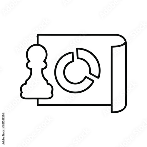 Strategic business analysis icon representing informed decision-making and planning, combining a chess pawn for strategy with a pie chart on a document for data insights and progress evaluation