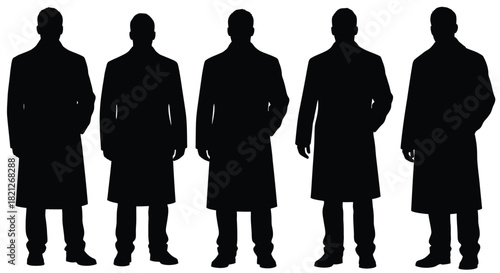 Five anonymous men silhouettes wearing classic long trench coats standing uniformly isolated on white for design elements. isolated on white background, Vector, illustration