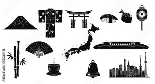 Japanese culture icons set featuring mount fuji kimono torii sushi map shinkansen and tokyo skyline elements vector silhouette collection. isolated on white background, Vector, illustration
