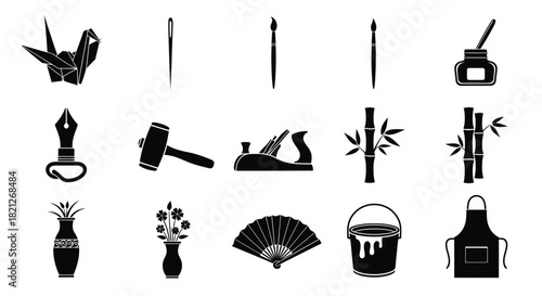 Craft, art, traditional design, and hobby vector icons set: origami, tools, paint, writing, and cultural symbols. isolated on white background, Vector, illustration