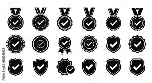 Black vector checkmark icons set: quality guarantee, approved shields, medals, and rosettes collection isolated on white. isolated on white background, Vector, illustration