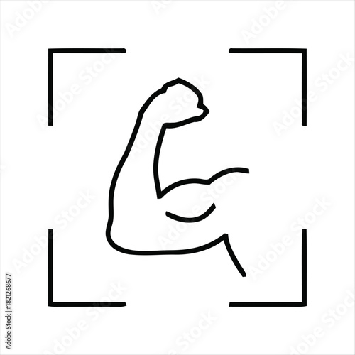 Outline icon of a powerful flexed bicep arm within a focus frame, representing strength, body building, fitness goals, and physical wellness achievement