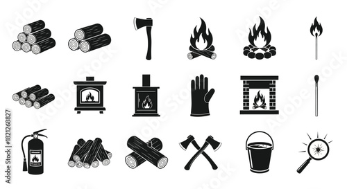 Heating, camping, and burning tools collection: wood logs, campfires, stove, fireplace, axe, match, safety icons isolated on white background, Vector, illustration