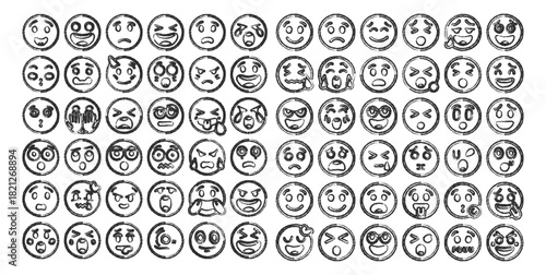 Handdrawn grunge emoji faces with various expressions isolated on white background