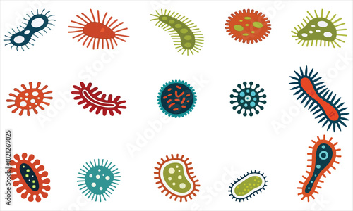 Bright and stylized microbe illustrations featuring bacteria and viruses in playful colors. Perfect for science graphics, biology projects, education materials, and medical design use.