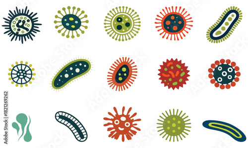 Bright and stylized microbe illustrations featuring bacteria and viruses in playful colors. Perfect for science graphics, biology projects, education materials, and medical design use.