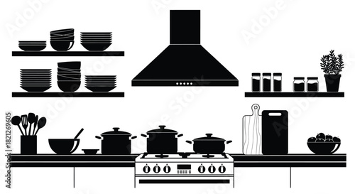 Silhouette illustration of a kitchen interior with stove, exhaust hood, shelves, dishes, pots, and utensils isolated on white background, Vector, illustration