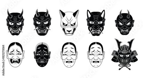 Traditional japanese folklore and theatre masks vector set: oni, hannya, kitsune, noh, kabuki, and samurai helmet icons. isolated on white background, Vector, illustration