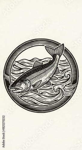 Detailed woodcut illustration of a salmon swimming in a circular frame.