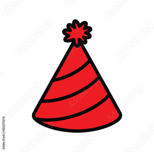 A bright red party hat with a pom-pom on top sits isolated on a white background.
