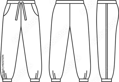 Jogger pants technical drawing, fashion flat sketch, apparel design template, front back side view, elastic waist, vector illustration, garment