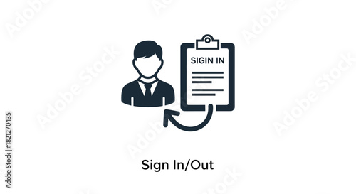 Icon representing sign in or sign out process with person silhouette and clipboard isolated on