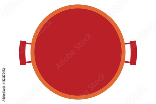 A top-down view of a red pot with orange trim and handles is depicted.