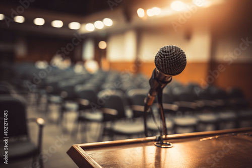 Empty town hall meeting setup with microphone and chairs