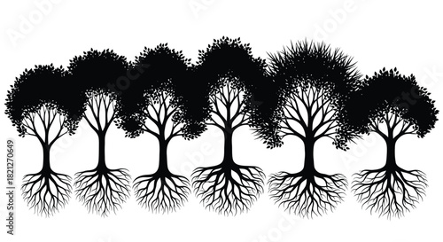 Black silhouette graphic of six trees forming a seamless forest border line, showing extensive root structure design. isolated on white background, Vector, illustration