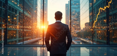 Rear view of businessman in suit standing looking at cityscape. Business person in office looks at modern city. Success vision future, career path, financial investment and strategy.