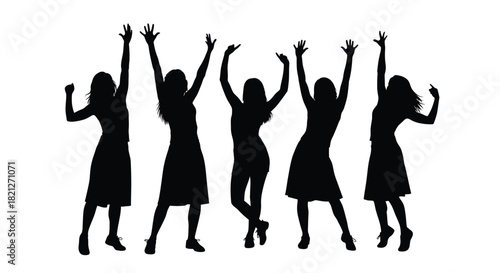 Group of five cheering female silhouettes dancing and celebrating success with raised arms at a party or event isolated on white background, Vector, illustration