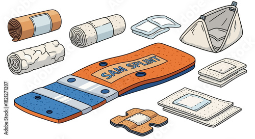 Collection first aid supplies including bandages, gauze, and sam splint, isolated on